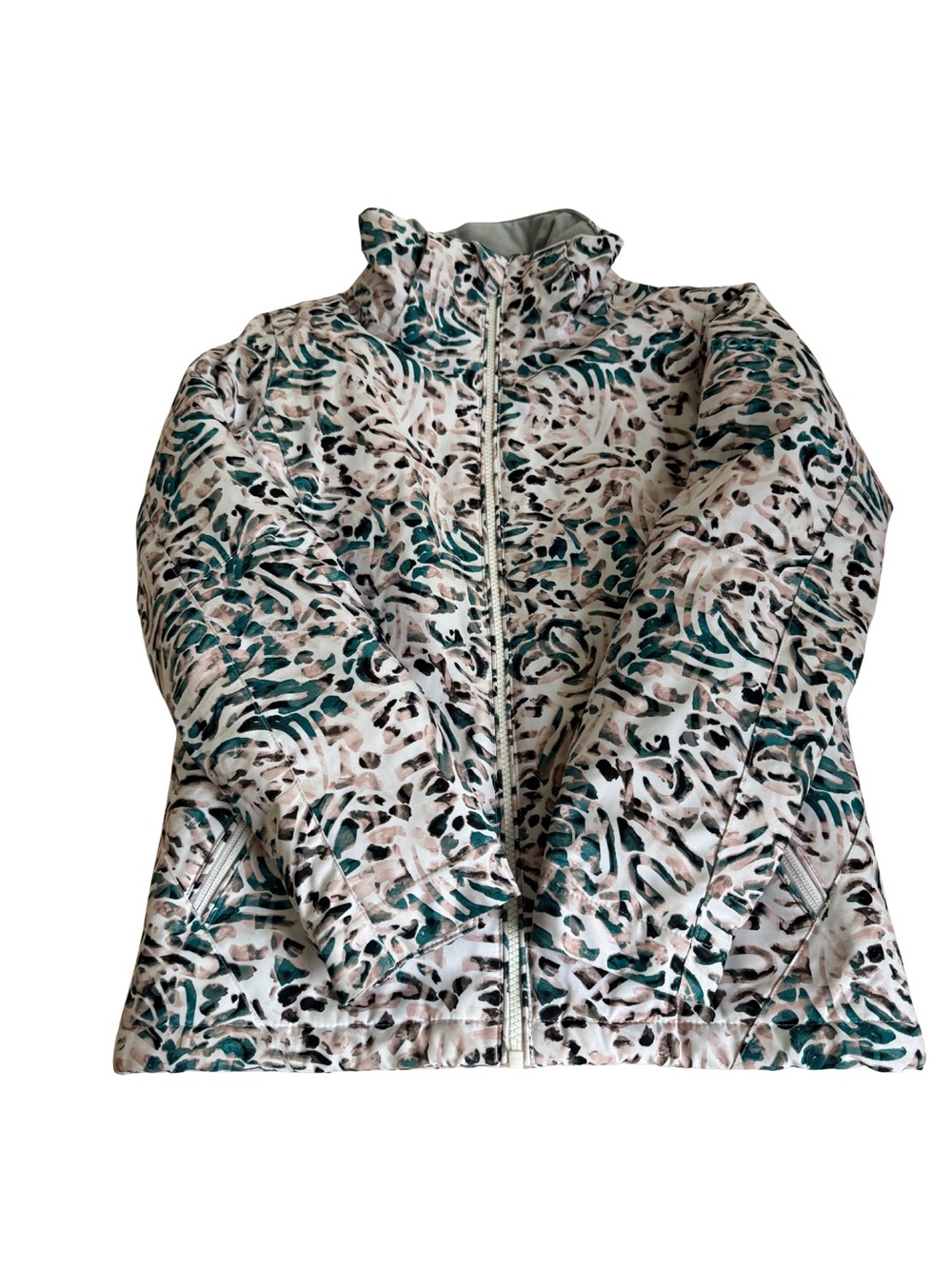 Roxy White Teal Pink Printed Puffer Dryflight Ski Jacket
